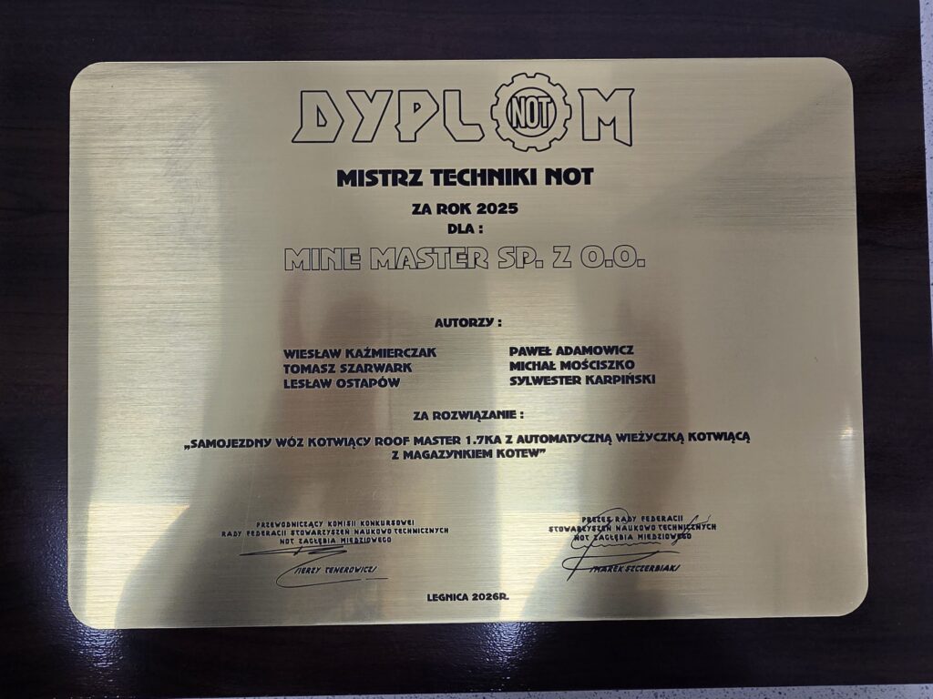 NOT Master of Technology diploma for 2025 awarded to Mine Master for the self-propelled Roof Master 1.7KA roof bolter