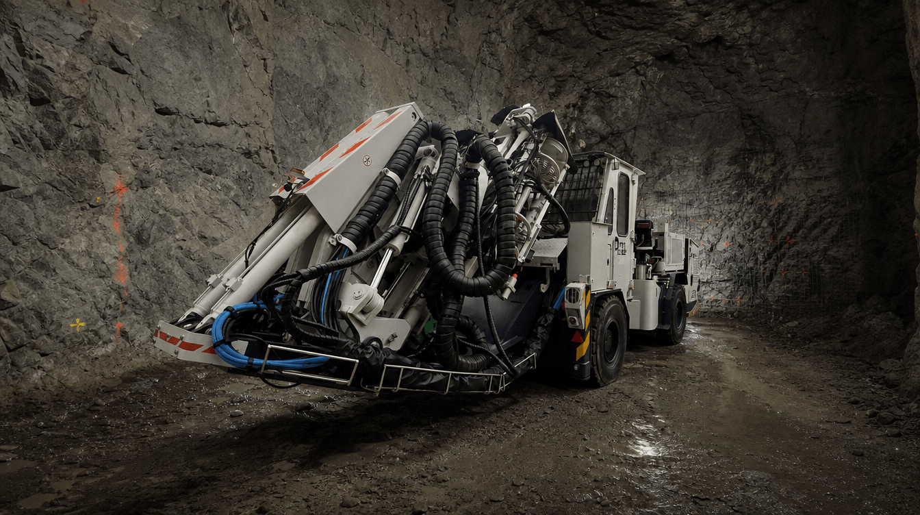 Production Master 2.312 longhole drill rig with the drilling system folded for tramming